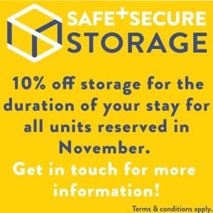 yellow advert with Safe & Secure company logo and November 10% offer